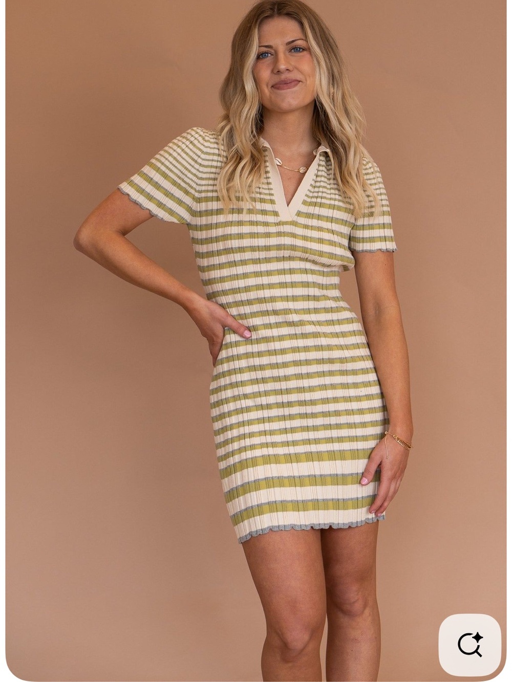 Promesa Olive & Cream Striped Ribbed V-Neck Collar Mini Dress